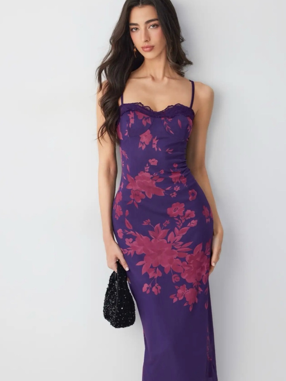 Purple Floral Mesh Slip Dress with Pink Bloom Print